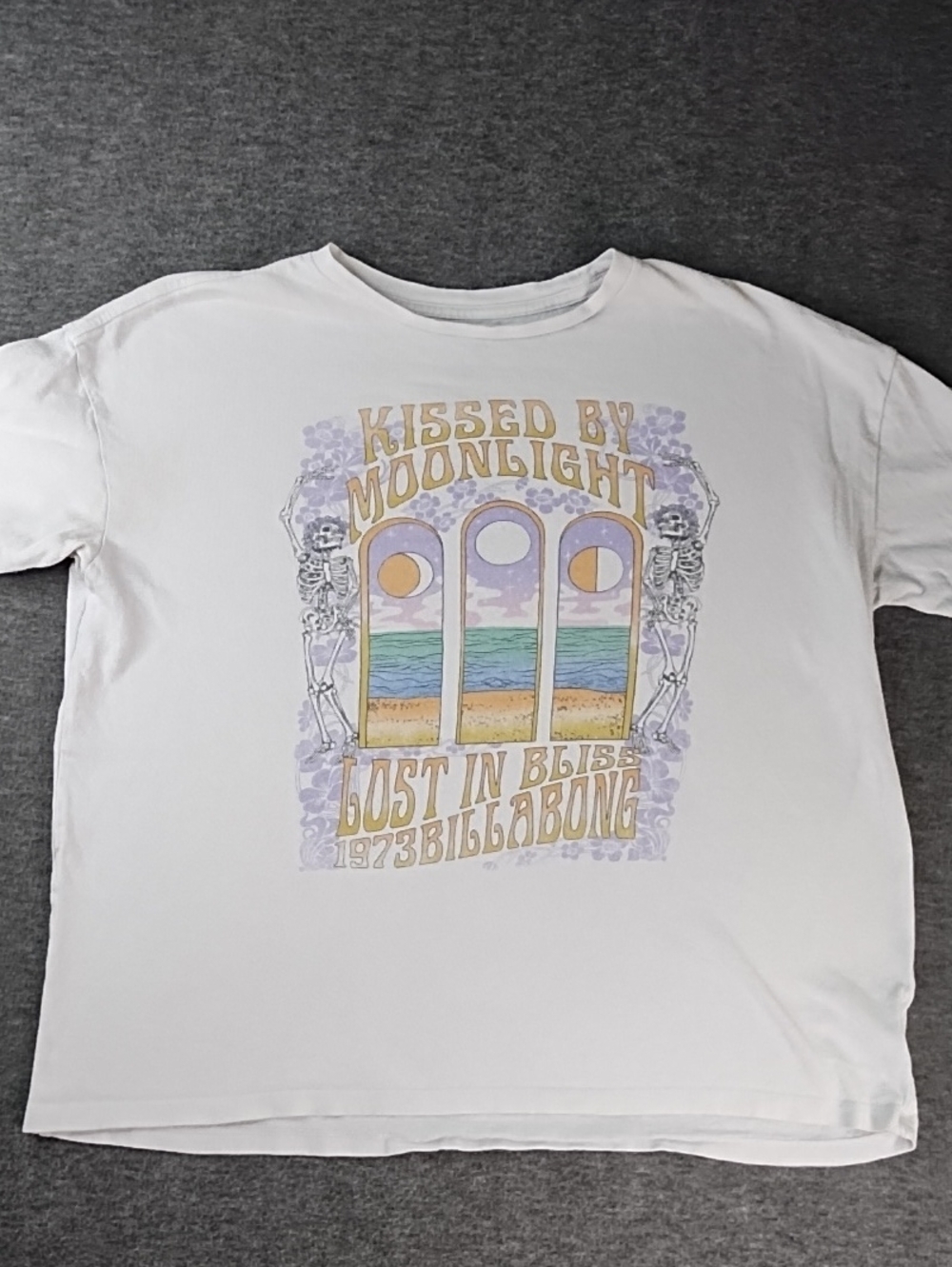 Billabong White Tee with Pastel Beach Window Graphic and Lavender Accents